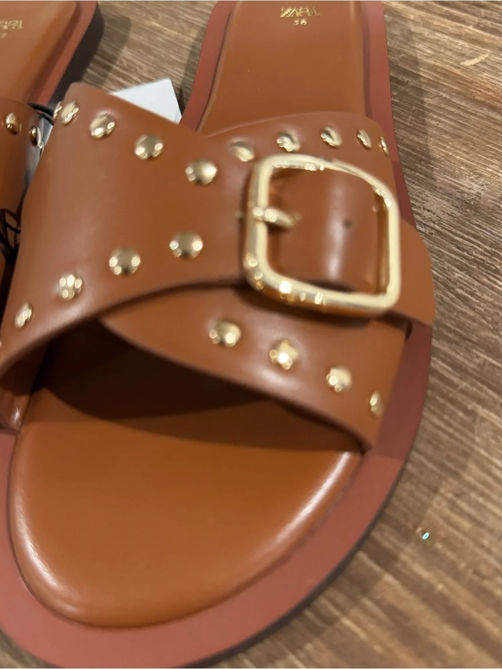 Zara Tan Brown Studded Slide Sandals with Gold Buckle